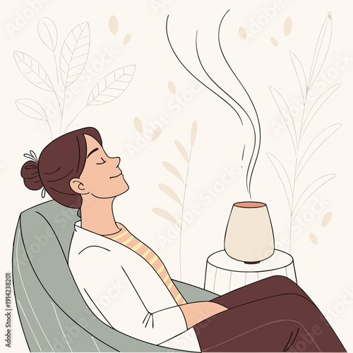 Peaceful Woman Enjoying Aromatherapy Diffuser for Relaxation, Wellness, and Home Comfort