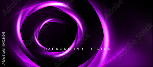 Abstract purple swirls create dynamic energy. Dark background emphasizes glowing circular design, text reads background design.
