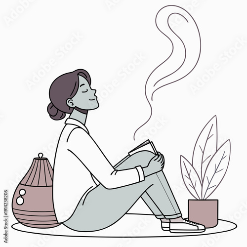 Peaceful Woman Enjoying Aromatherapy Diffuser for Relaxation, Wellness, and Home Comfort