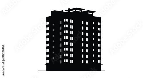 Silhouette of a tall building with many windows against a white background