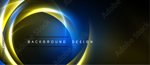 Abstract neon circles, vibrant yellow, blue hues. Dark background creates dynamic visual effect. Text reads background design.