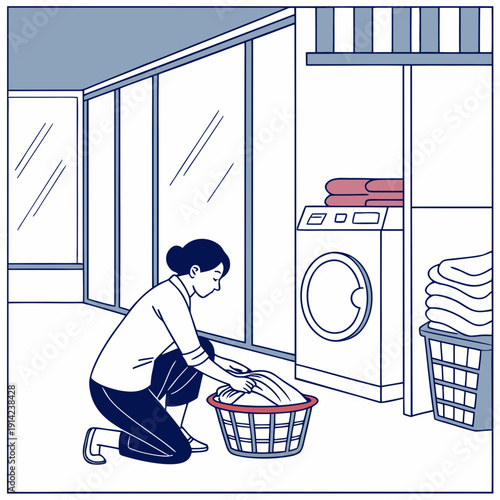 Organized Woman Efficiently Folding Clean Laundry in a Bright and Modern Laundry Room, Depicting Domestic Chores and Household Routine.
