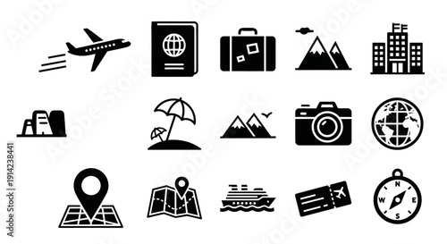 Travel and Tourism Silhouette Icons Set – Solid Black Vacation Vector Collection