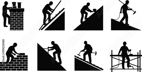 Construction Worker Silhouette Collection with Roofing Bricklaying and Scaffold Work Isolated on White Background Vector Set