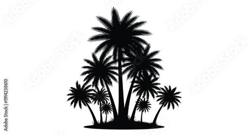 Black silhouette of palm trees on white background, tropical island landscape