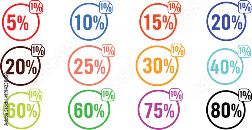 Assorted colorful percentage discount tags 5 10 15 20 25 30 40 60 75 80 Keywords: sale, discount