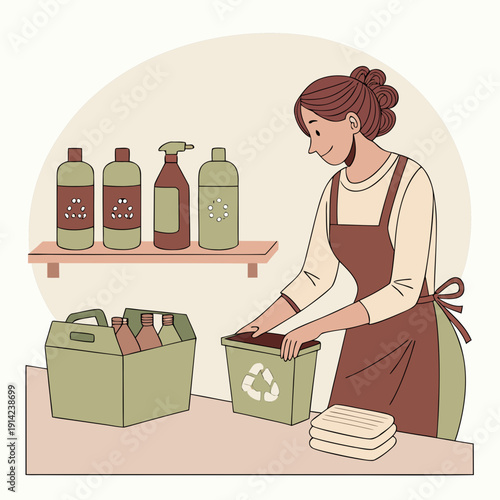 Conscientious Woman Organizing Eco-Friendly and Natural Cleaning Supplies, Promoting Sustainable Living and a Healthy, Tidy Home Environment.
