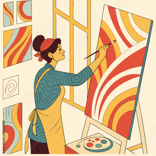 Woman Artist Creating Bold Abstract Art on Canvas, Expressing Modern Artistic Vision with Dynamic Shapes