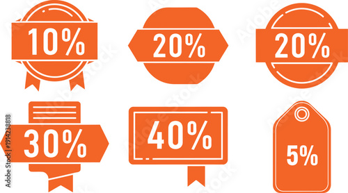 Six orange discount percentage icons in various shapes and styles Keywords: discount, percentage