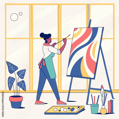 Woman Creating Modern Abstract Art on Canvas, Expressing Creativity with Vibrant Colors in a Studio Setting