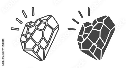 Minimalist vector illustration of heart shaped crystalline gems with geometric facets and shining rays