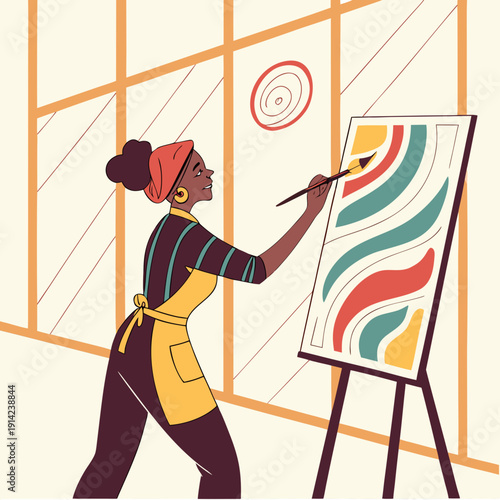 Woman Painting Vibrant Abstract Shapes on a Canvas, Creating Bright and Expressive Contemporary Artwork