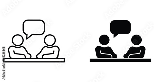 Icon set of two people talking at a desk with a speech bubble symbol