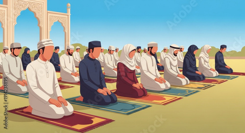 Muslim men and woman in prayer kneeling on colorful mats outdoors in front of a mosque ramadan islam faith worship religious community spirituality