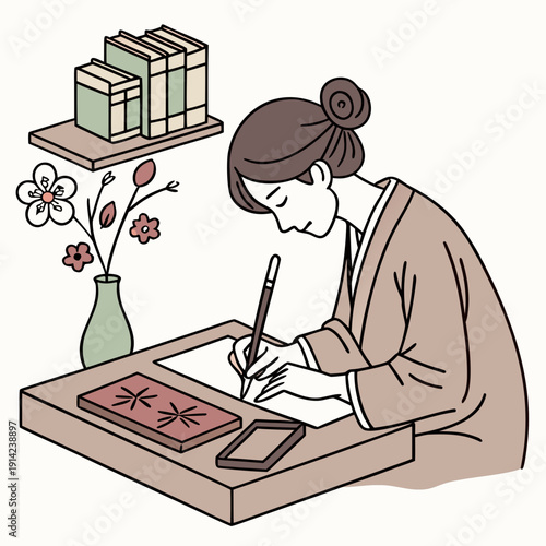 Woman Practicing Calligraphy Strokes on Blank Sheet, Focused Female Artist Learning New Skills and Artistic Hobby