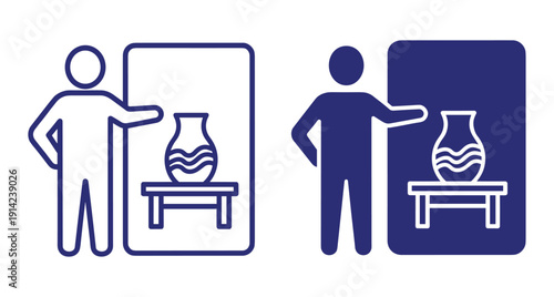 Person presenting a ceramic vase artifact inside a museum display case for visitors