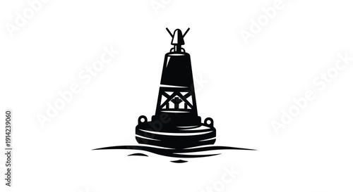 Black silhouette of a nautical buoy with a lantern on top floating on water