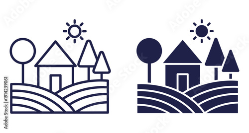 Minimalist vector illustration of rural farm scene with house trees and bright sun