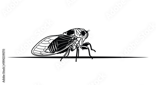 Black and white line drawing of a cicada insect standing on a surface in a minimalist flat vector style