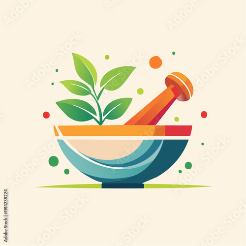 Vibrant illustration of a mortar and pestle symbolizing natural medicine, herbal remedies, and holistic health practices