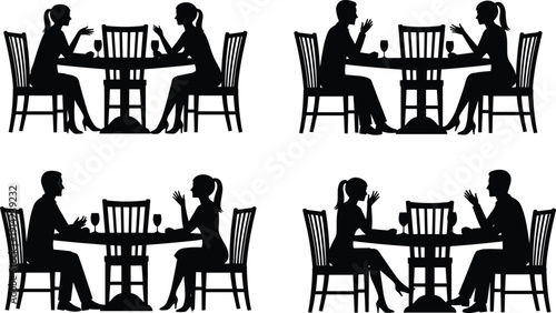 Couple at Restaurant Table Silhouette Set Romantic Dinner Conversation Vector Collection