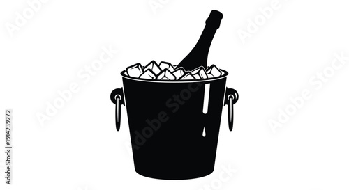 Silhouette of a champagne bottle in an ice bucket, minimalist flat design