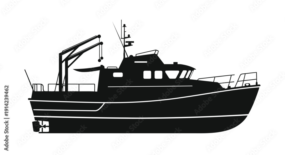 Fototapeta premium Black silhouette of a fishing boat on a white background