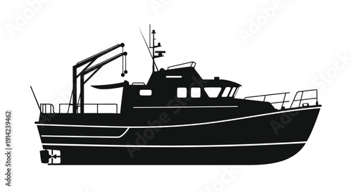 Black silhouette of a fishing boat on a white background