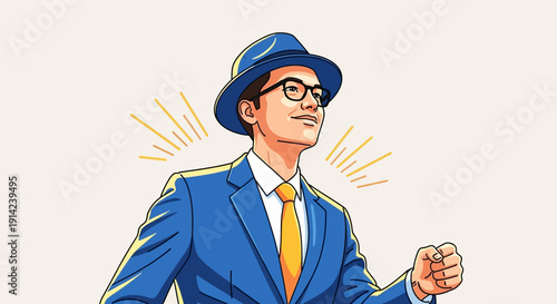 Confident businessman in blue suit and hat standing triumphantly.