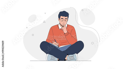 Young man sitting cross-legged, writing in a notebook, thinking, brainstorming, studying