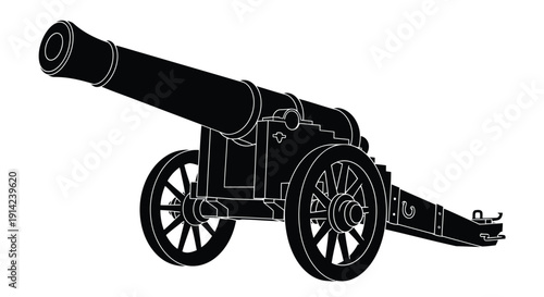 Black silhouette of a historic cannon on wheels against a white background, simple flat design