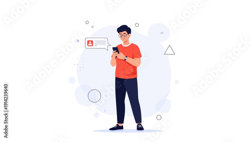 Young Man Using Smartphone, Receiving Notification, Modern Flat Illustration Style