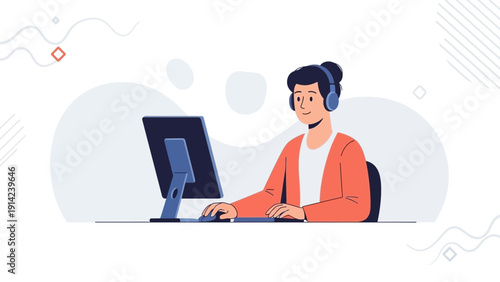 Young man wearing headphones using computer with mouse, working or playing