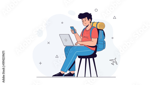 Young man with backpack using laptop and phone, digital nomad concept