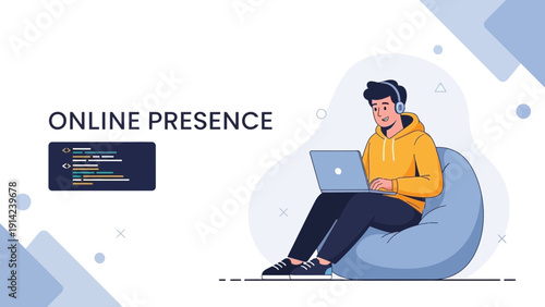Young man with headphones working on laptop, online presence concept