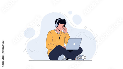 Young man with headphones using laptop, listening to music, studying, working remotely