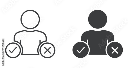 Set of outline and solid person icons with tick and cross symbols for selection