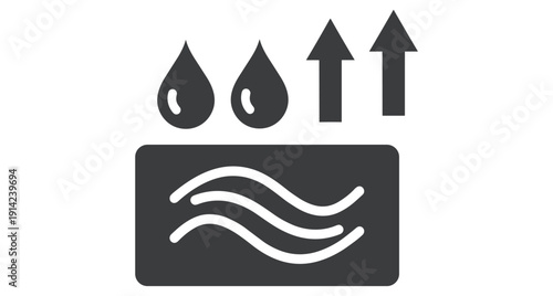Black and white symbol representing evaporation process with water drops and rising air arrows
