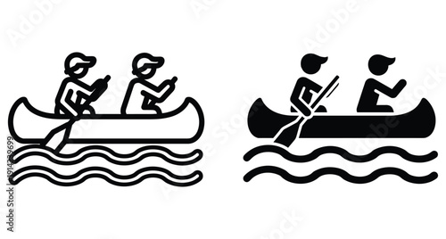 Minimalist vector icons of people paddling a canoe on water in two styles