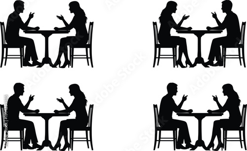 Couple Sitting at Table Talking Silhouette Set, Conversation and Relationship Concept Vector Illustration