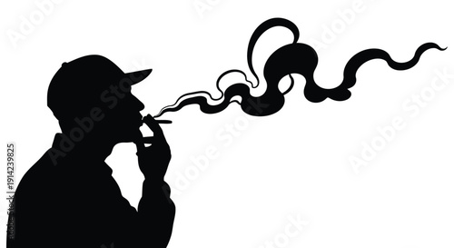 Silhouette of a man smoking a cigarette in a cap against a white background