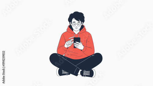 Young man in hoodie sitting cross-legged, using smartphone, isolated on white background.