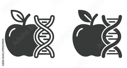 Black and white vector icon of an apple paired with a DNA strand