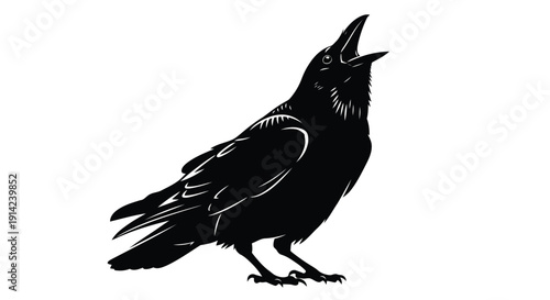 Black silhouette of a crow standing with open beak against white background