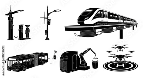 Future transportation and smart city infrastructure vector set with electric bus, high-speed train, and delivery drone icons.