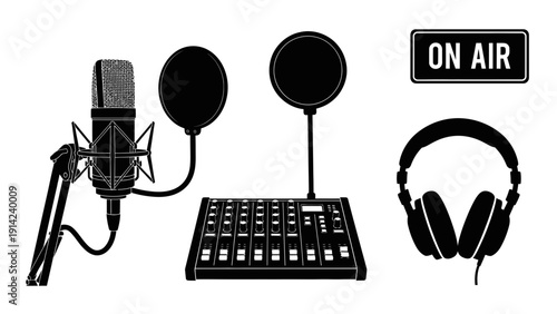 Professional podcast and audio recording equipment set with condenser microphone, mixer, and headphones vector.