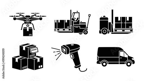 Logistics and warehouse automation vector set with delivery drone, forklift, cardboard boxes, and barcode scanner icons.