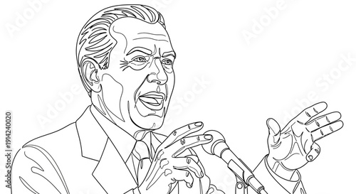 Man speaking into a microphone with expressive hand gestures.