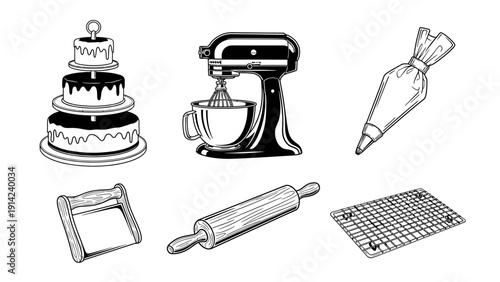 Baking and pastry equipment vector set with tiered cake, stand mixer, piping bag, and rolling pin icons.