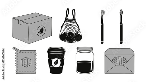 Eco-friendly packaging and zero waste lifestyle set with reusable bag, bamboo toothbrush, and sustainable container icons